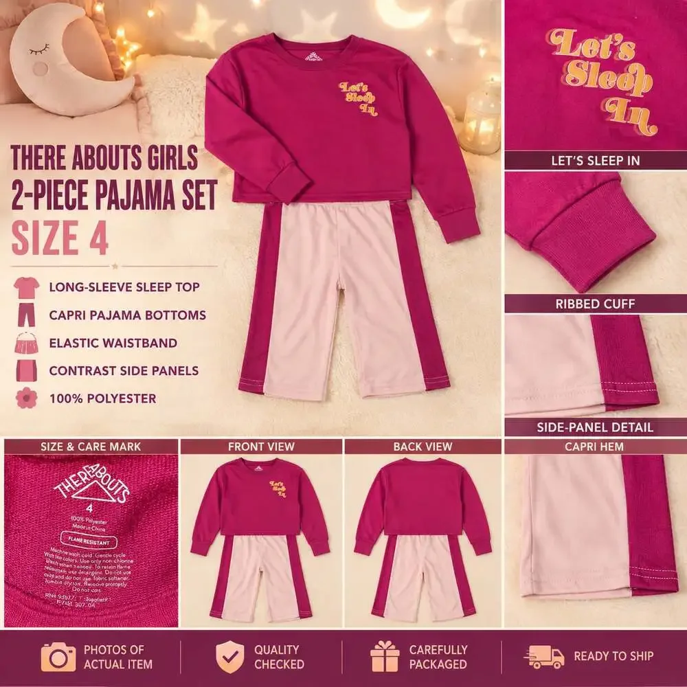 Thereabouts Girls 2-Piece Pajama Set Let's Sleep In Long-Sleeve Top & Capri Bott